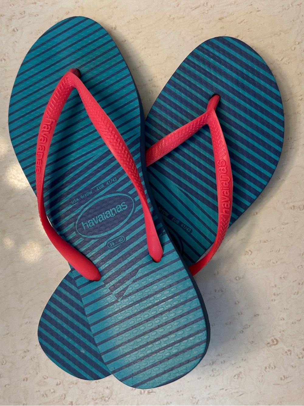 Havaianas Teal and Navy Striped Flip Flops with Coral Straps